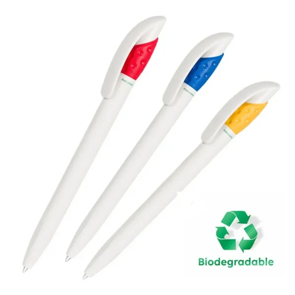 Bolígrafo de material biodegradable que no genera residuos. Cuerpo blanco mate y detalle de colores. Personalizado con tu logo para empresas y ongs