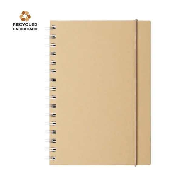 Libreta clásica y funcional tamaño a5 de cartón reciclado y tapas duras con elástico de cierre ideal para impresión en portada en color kraft hojas rayadas y distintivo reciclado