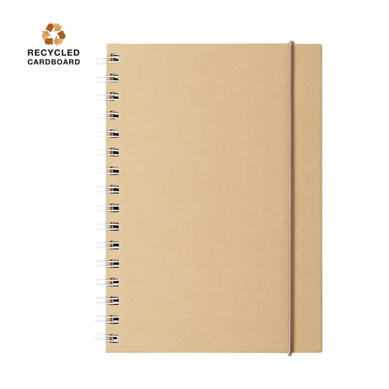 Libreta clásica y funcional tamaño a5 de cartón reciclado y tapas duras con elástico de cierre ideal para impresión en portada en color kraft hojas rayadas y distintivo reciclado
