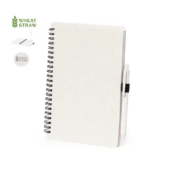 Libreta ecológica de espiral con tapas duras fabricada en material sostenible de caña de trigo personalizada con impresión boligrafo a juego incluido