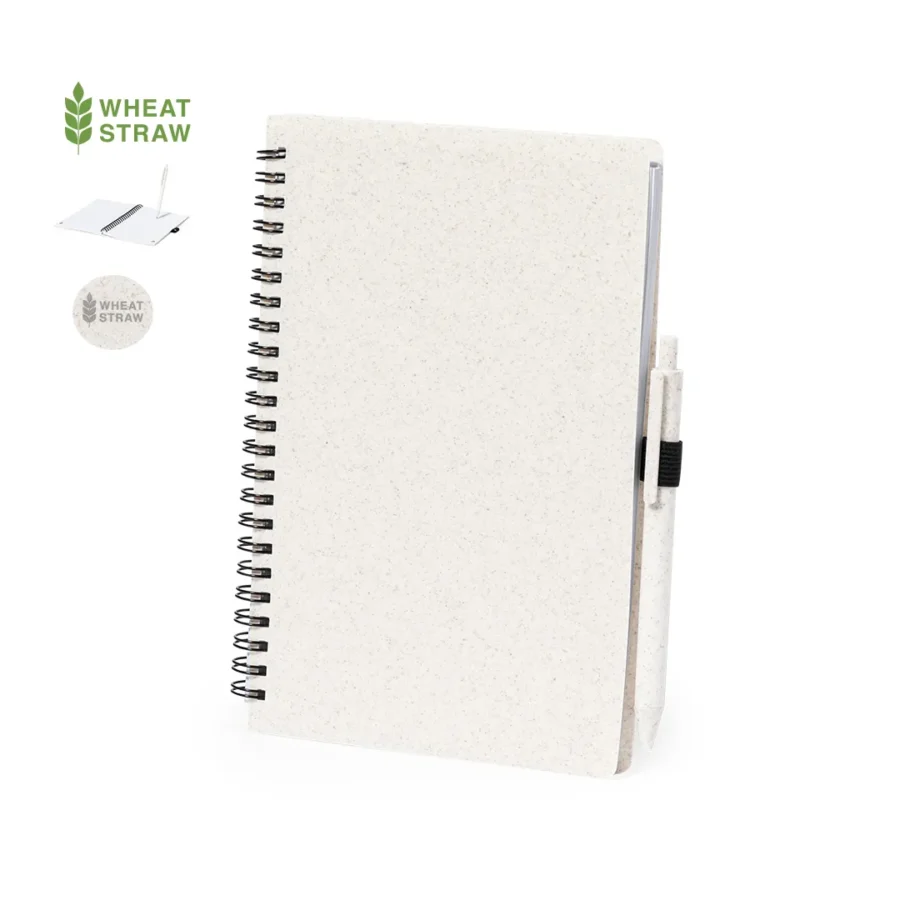 Libreta ecológica de espiral con tapas duras fabricada en material sostenible de caña de trigo personalizada con impresión boligrafo a juego incluido