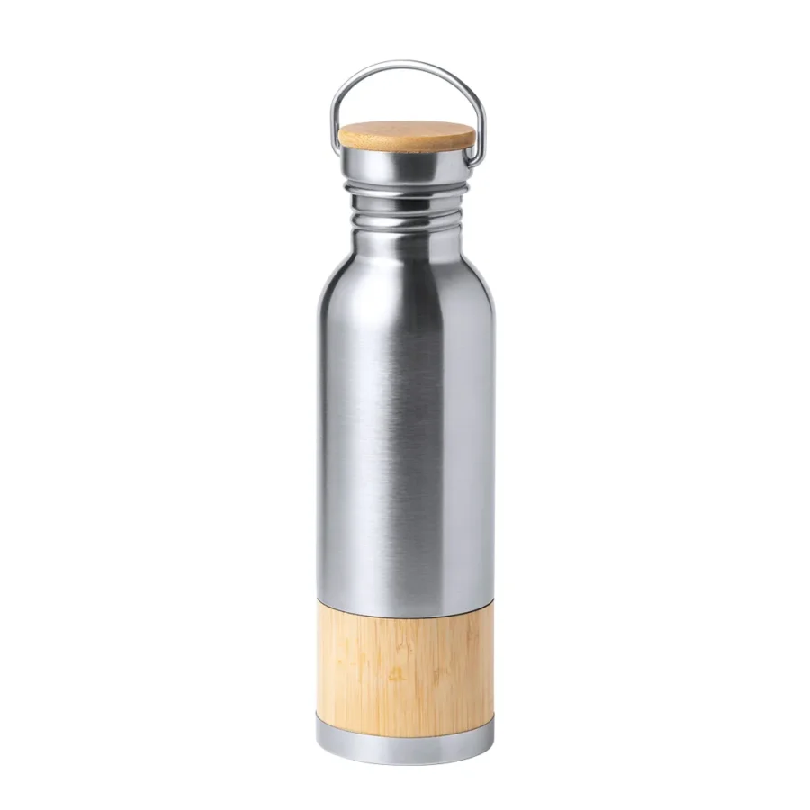 Botella de acero inoxidable con tapón y detalles de bambú estilo retro personalizada