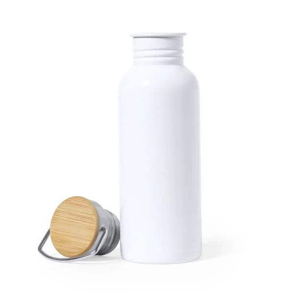 Botella personalizada de acero inoxidable tapón de rosca de bambú con asa impresión a todo color con sublimación