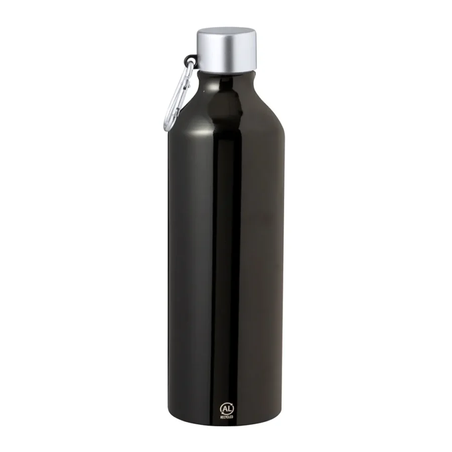 Botella de aluminio reciclado con agarre de mosquetón para colgar disponible en color blanco, negro y plata