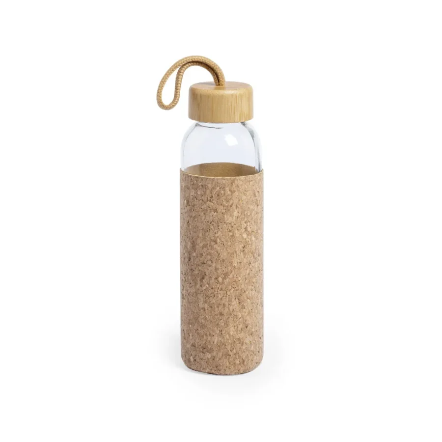 Botella de cristal estampada, con funda de corcho y cordón de agarre