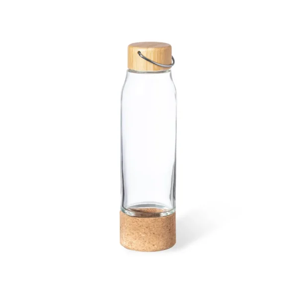 Botella para bebida de cristal personalizada con tu logo, con tapón de bambú y base de corcho natural.