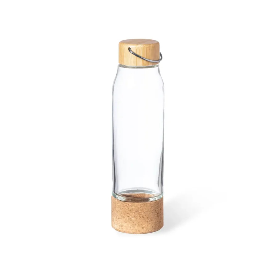 Botella para bebida de cristal personalizada con tu logo, con tapón de bambú y base de corcho natural.