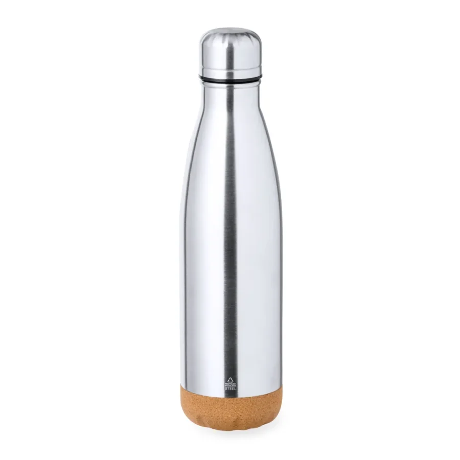 Botella termo de acero inoxidable de doble pared aislante con elegante base de corcho, termo personalizado con tu logo