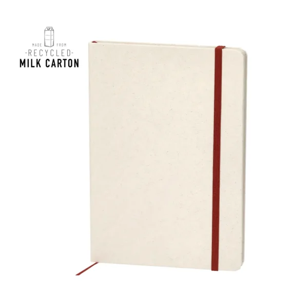 Libreta de tapas duras fabricada de cartones de leche reciclados con cierre elástico y marcapáginas portada personalizada con tu logo regalo publicitario sostenible