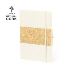 Libreta con portadas de lino y detalle en corcho natural elegante bloc para regalo publicitario con soporte para bolígrafo y marcapáginas materia prima natural y sostenible ideal para merchandising