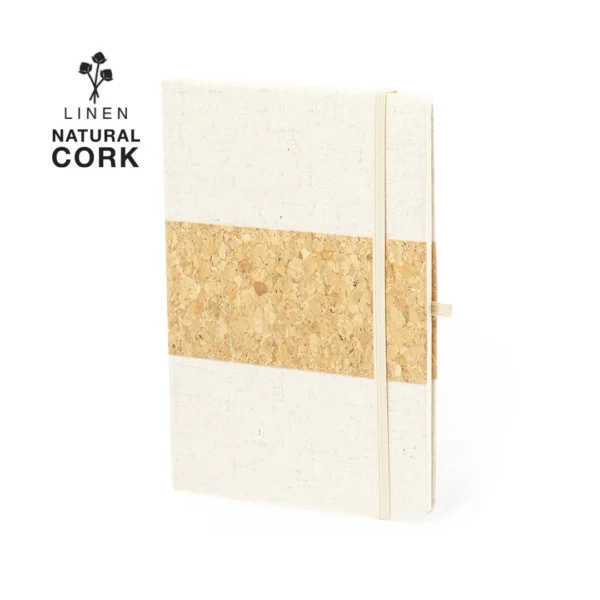 Libreta con portadas de lino y detalle en corcho natural elegante bloc para regalo publicitario con soporte para bolígrafo y marcapáginas materia prima natural y sostenible ideal para merchandising