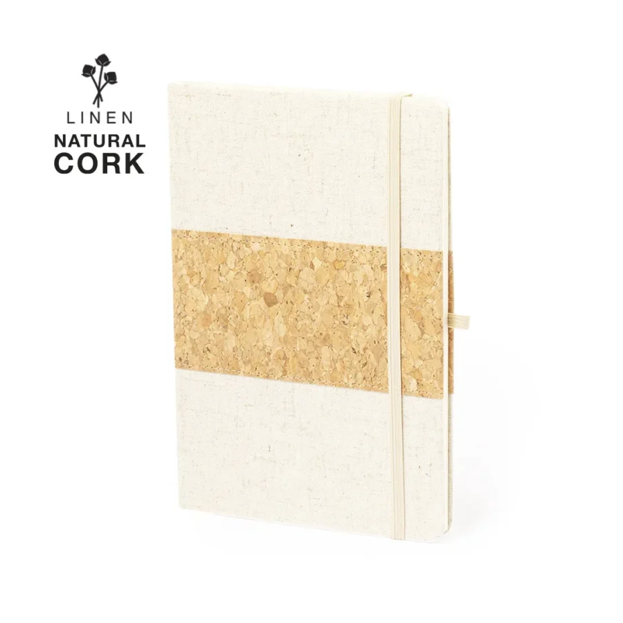Libreta con portadas de lino y detalle en corcho natural elegante bloc para regalo publicitario con soporte para bolígrafo y marcapáginas materia prima natural y sostenible ideal para merchandising
