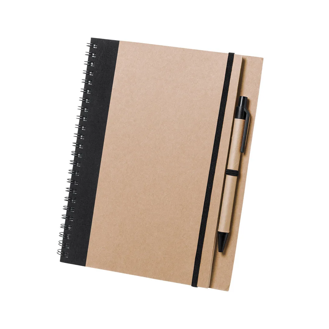 Libreta de cartón reciclado con espiral de tapas duras y bolígrafo incluido personalizada con tinta en la portada con tu logo , material ecológico y sostenible.