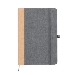 Elegante libreta de poliéster reciclado y lomo de corcho natural con cierre y soporte para bolígrafo diseño moderno para empresas comprometidas