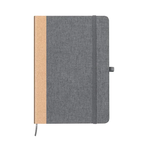Elegante libreta de poliéster reciclado y lomo de corcho natural con cierre y soporte para bolígrafo diseño moderno para empresas comprometidas