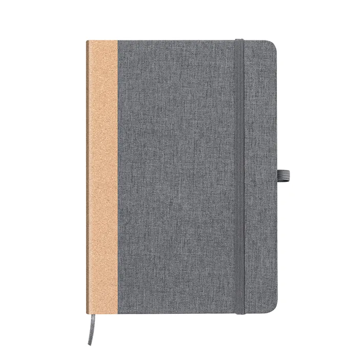 Elegante libreta de poliéster reciclado y lomo de corcho natural con cierre y soporte para bolígrafo diseño moderno para empresas comprometidas