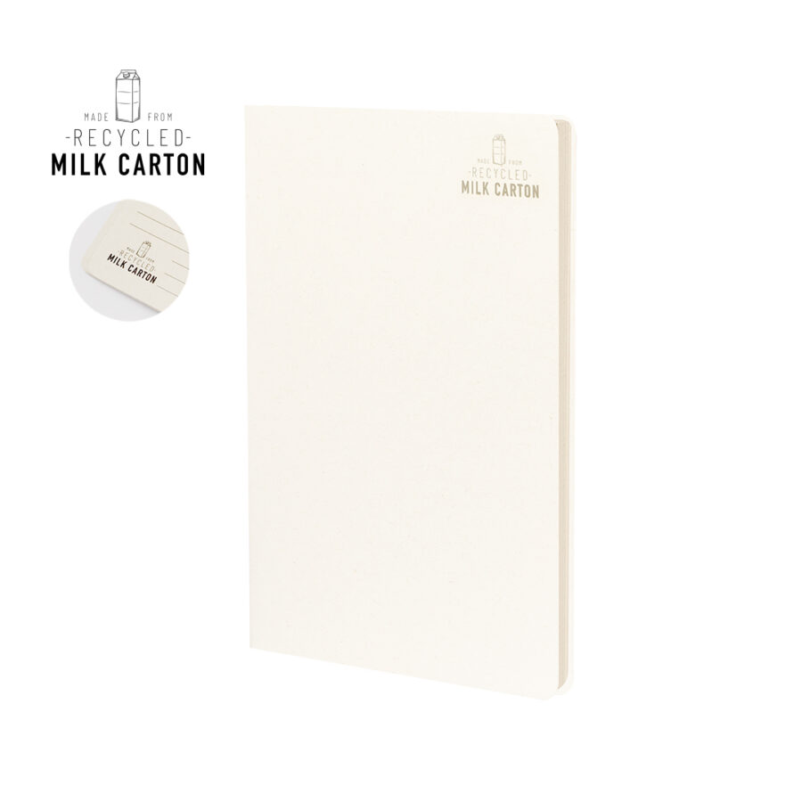 Libreta práctica y funcional de tapas blandas fabricada a partir de cartones de leche para fomentar economía circular y sostenible ideal para regalo publicitario y merchandising para empresas y eventos