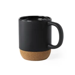 Taza de cerámica con base de corcho para café disponible en negro y blanco con personalización a un color