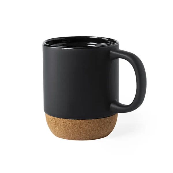 Taza de cerámica con base de corcho para café disponible en negro y blanco con personalización a un color
