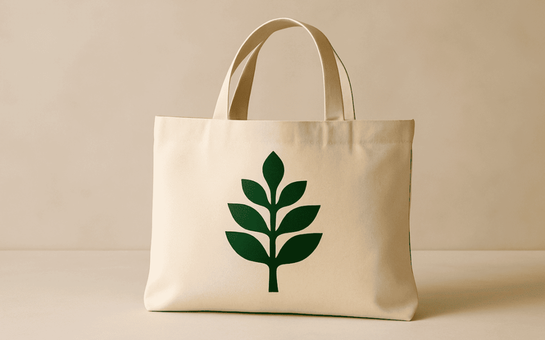 Bolsas de algodón natural personalizadas con logotipo verde en forma de árbol, sobre fondo neutro